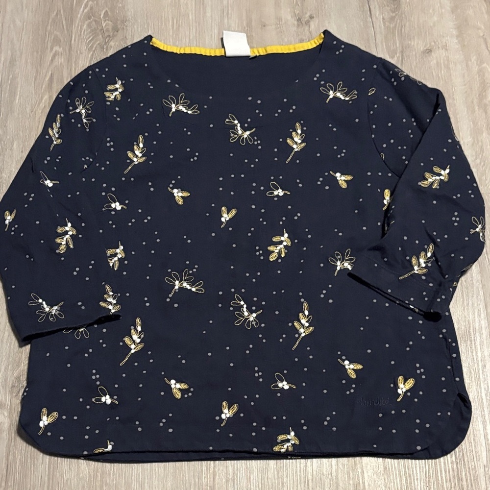 Weird Fish Elegant Navy Blouse with Yellow Floral Accents